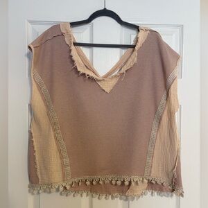 POL Patchwork Mixed Media Distressed Edges Crochet Trim Oversized Top Small